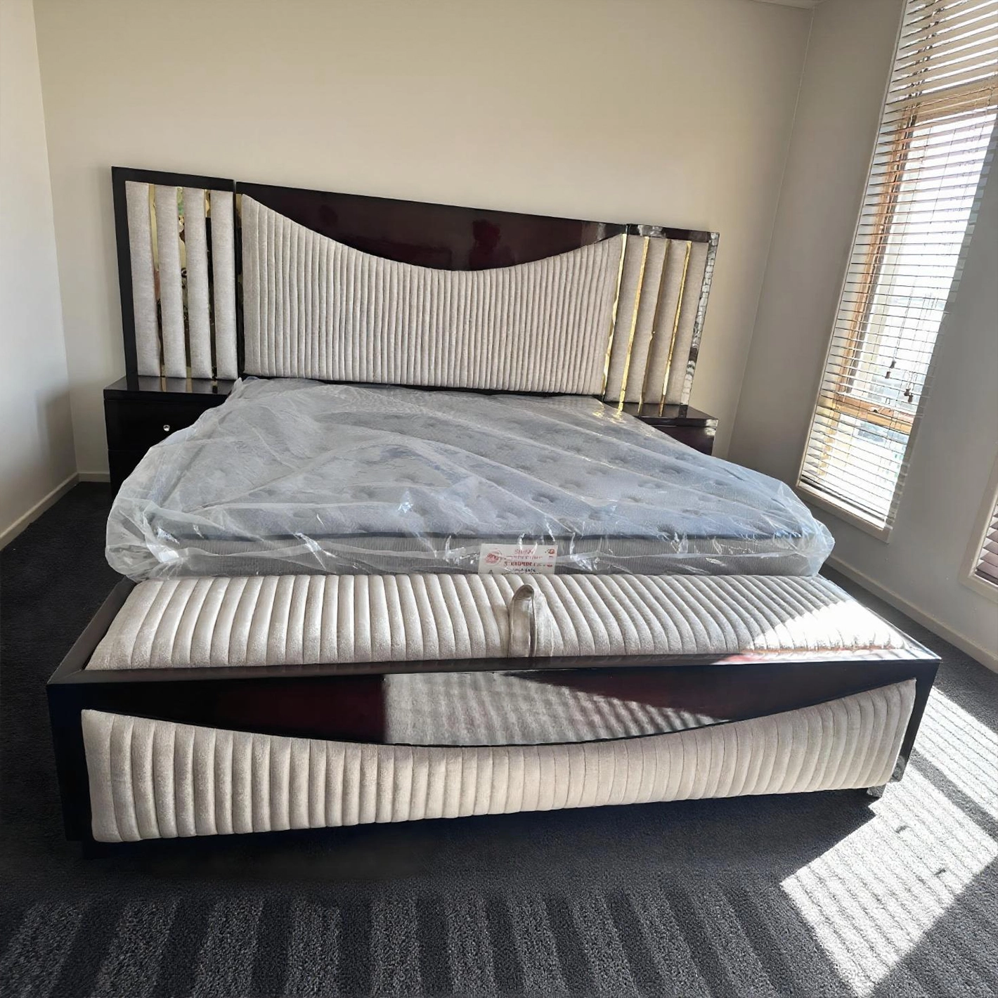 Contemporary Velvet Panel Bed with Dual-Tone Finish